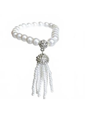 White Beaded Pave Tassel Stacking Stretch Bracelet